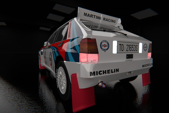 Il posteriore della leggenda dei rally, la Lancia Delta, nella sua più famosa livrea Martini