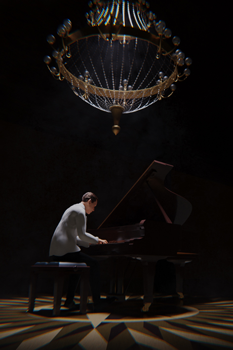 Una visione onirica di 900 al pianoforte al di sotto del maestoso lampadario della sala ballo del Virginian