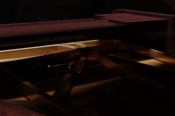 L'interno del pianoforte a coda, i martelletti, gli smorzatori e le corde