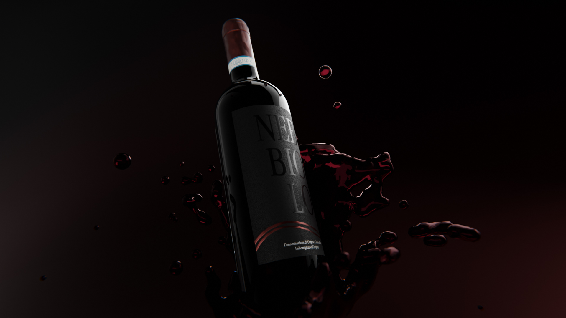 Una bottiglia di un prestigioso nebbiolo, avvolta dal buio della sua etichetta e dal rosso del vino