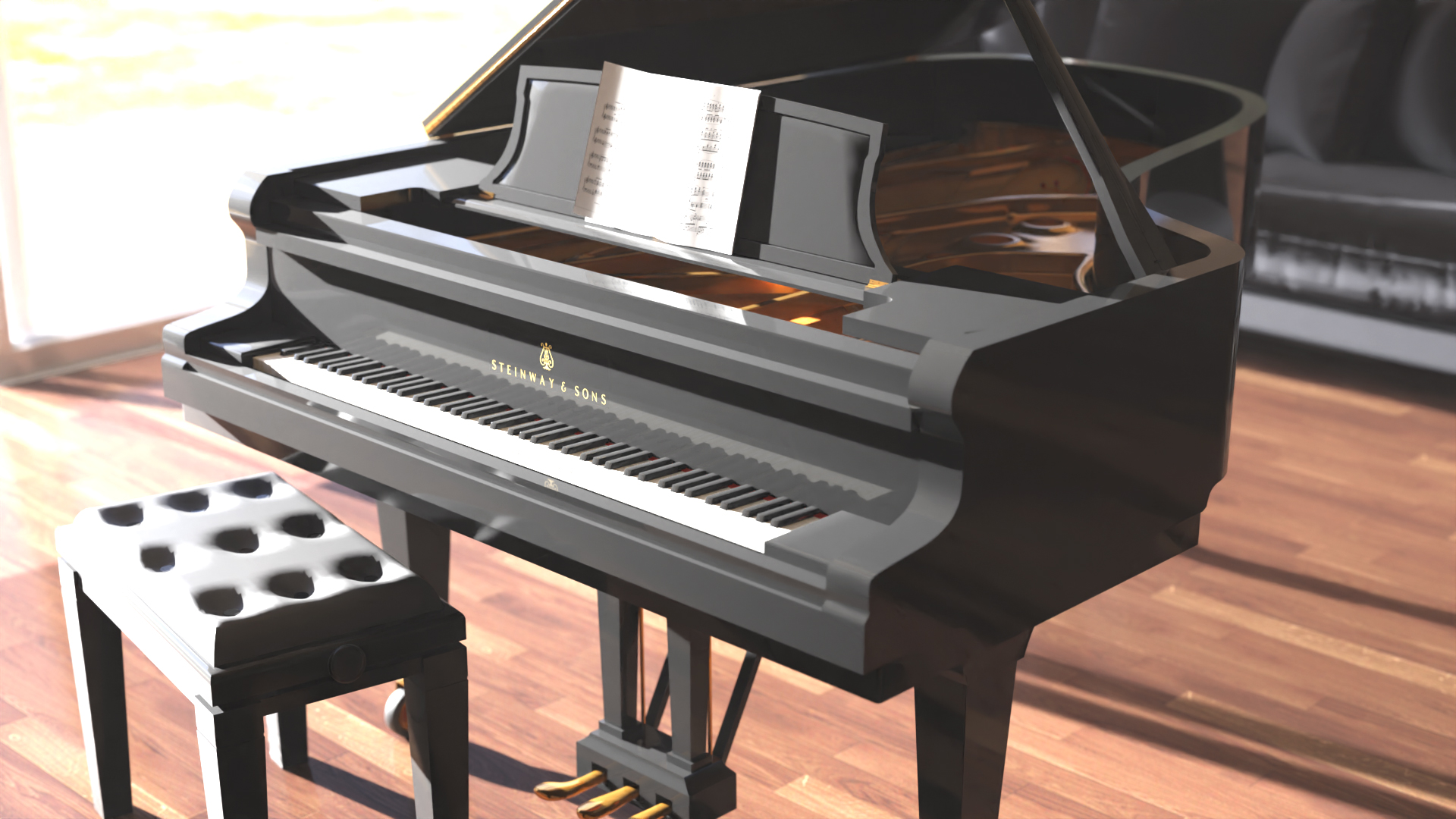 Un elegante pianoforte a mezzacoda Steinway in un illuminato salotto moderno e con pavimento in parquet