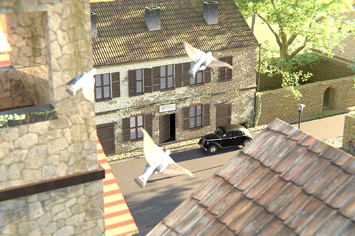 Il paesello visto dall'alto con la bottega in secondo piano