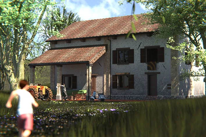 La cascina in mezzo al bosco e circondata di un grande giardino e fiori, casa del Bambino
