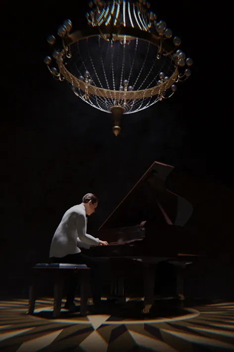 Novecento suona il pianoforte illuminato dal vecchio lampadario della sala da ballo