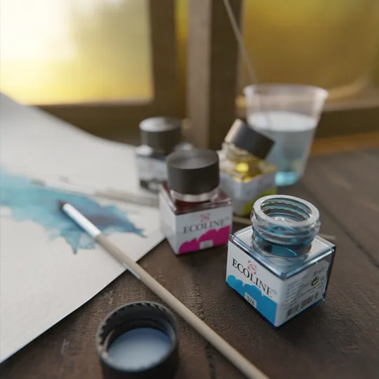 Alcuni barattolini in vetro del celebre inchiostro acquarellabile Ecoline